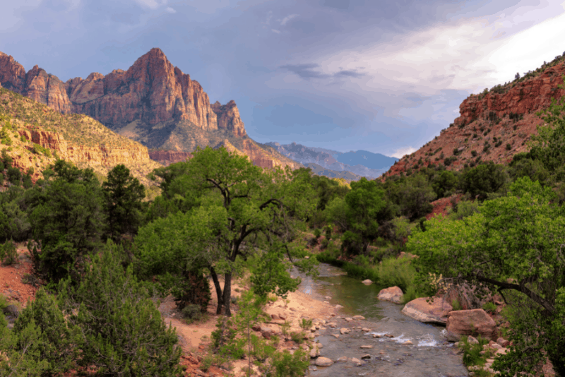 River running thru Zion National Park, mountains in background