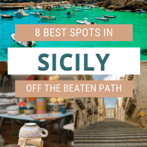 top photo: boats on the water in Ustica. Bottom left: hand decorating a ceramic cup. Bottom Right: stairs of Caltagirone. Text overlay says "8 best spots in Sicily off the beaten path"