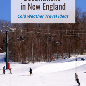 People skiing on a flat area in front of bare trees. Text overlay says 9 best winter destinations in New England.