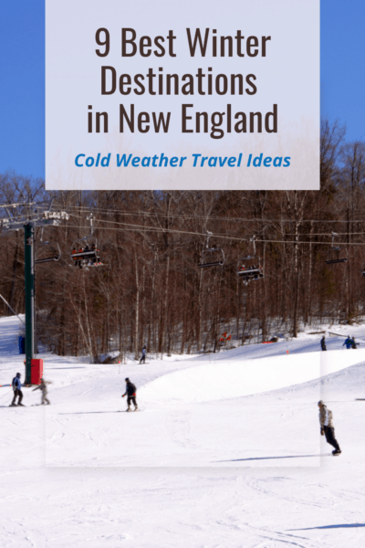 People skiing on a flat area in front of bare trees. Text overlay says 9 best winter destinations in New England.