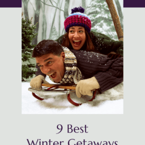 Couple on a sled. Text overlay says Destinations. 9 best winter getaways in New England. as we saw it dot com