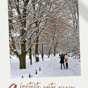 Couple walking down a snowy path beneath a canopy of bare tree branches covered in snow. Text overlay says 9 fantastic winter escapes in New England.