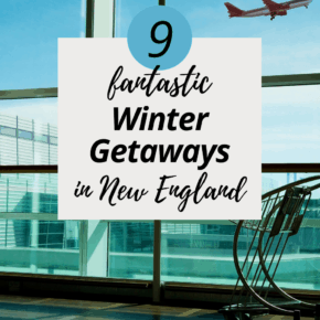 View of a plane through an airport window. Luggage cart in foreground. Text overlay says 9 fantastic winter getaways in New England.