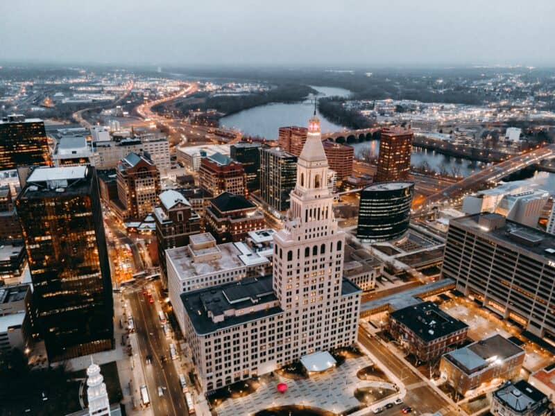 Aerial view of Hartfort, Connecticut, one of the best winter city breaks in New England