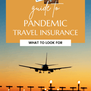 Sunset sky colors behind a plane landing at an airport. Text overlay says "Guide to pandemic travel insurance what to look for"