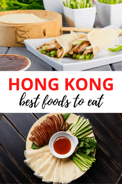 Moo shu food in top photo, peking duck in bottom photo. Text overlay says "Hong Kong best foods to eat"