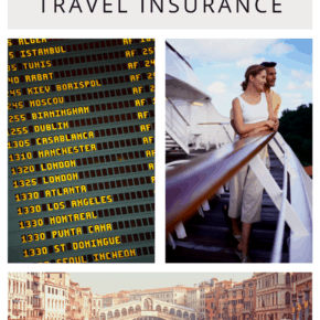 collage of 3 photos: An airport departure board, couple on the balcony of a cruise ship, and Venice's Ponte Vecchio. Text overlay says "How to choose travel insurance"