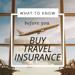 View through an airport window of a plane taking off. Text overlay says what to know before you buy travel insurance