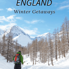 Cross country skiier looking at bare trees and snow capped mountain in background. Text overlay says New England winter getaways.