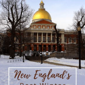 Domed building in snow. Text overlay says New England's best winter escapes.