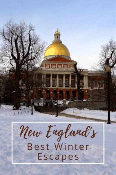 Domed building in snow. Text overlay says New England's best winter escapes.