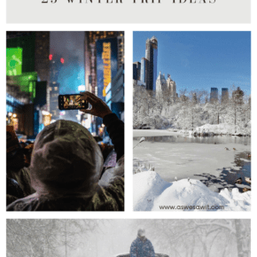 collage of a person taking a photo, snowy central park, and horse drawn carriage in the snow. text overlay says new york city 25 winter trip iceas