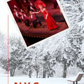 Central Park in winter in background with photo of Carol Channing doing Mame on Broadway. Text overlay says nyc what to do in winter