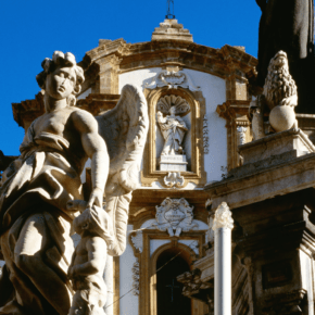 Details of a church in Ortigia. Text overlay says "places to visit off the beaten path in Sicily"