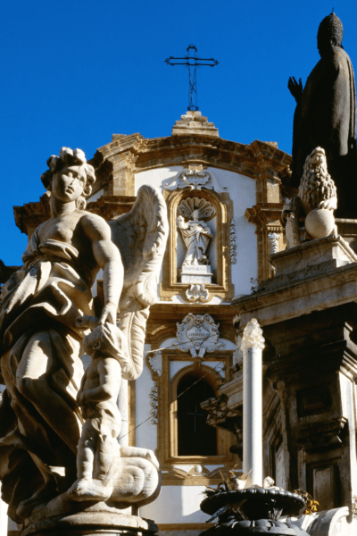 Details of a church in Ortigia. Text overlay says "places to visit off the beaten path in Sicily"