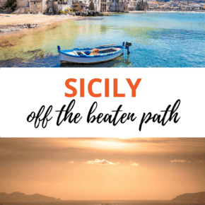 top photo: A small motorboate anchored near a Ustica. Bottom photo: sunset in sicily. Text overlay says "Sicily off the Beaten Path"
