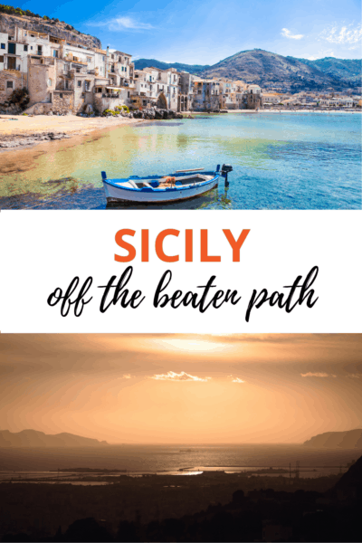 top photo: A small motorboate anchored near a Ustica. Bottom photo: sunset in sicily. Text overlay says "Sicily off the Beaten Path"