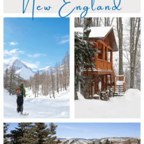Collage of snow scenes: Cross-country skiier with trees and snow capped mountain in background, Snow covered log cabin, and a horse drawn carriage. Text overlay says winter getaways in New England.