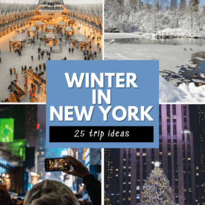 collage of a christmas market in new york, Central Park in winter, person taking a photo in times square and rockefeller center xmas tree. Text overlay says winter in new york 25 trip ideas