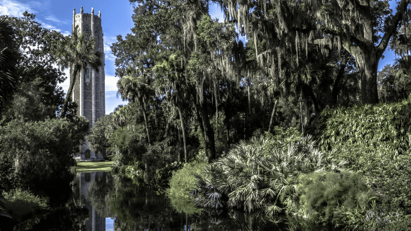 Bok Tower reflected in the water