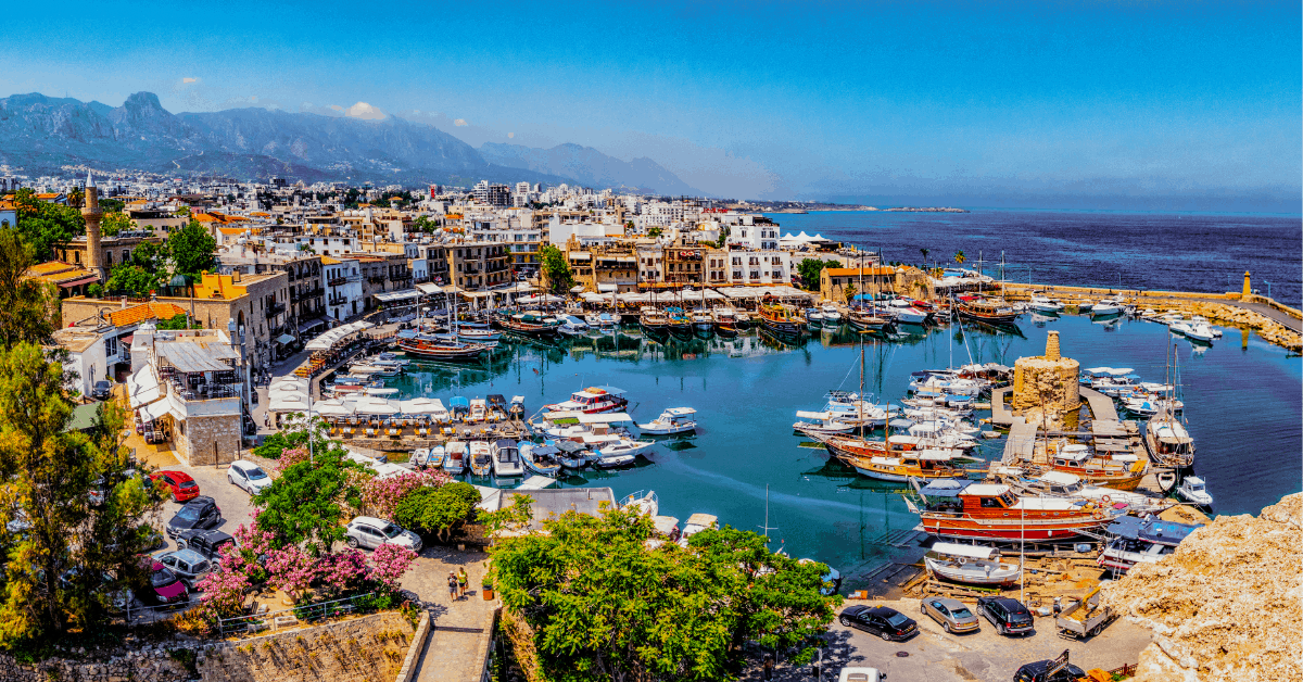 Harbor and town in Cyprus with ocean in background