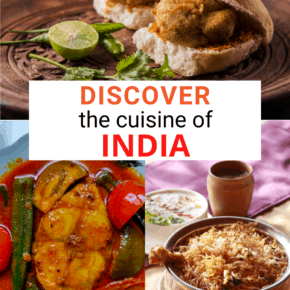 Top: Vada pav. Bottom left: Hilsa fish curry. Right: hyderabadi biryani. Text overlay says "Discover the cuisine of India"