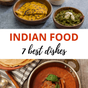 Top: Sarson ka saag. Bottom: rogan josh. Text overlay says "Indian food 7 best dishes."