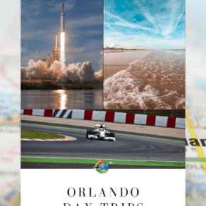 Collage of 3 photos over a map of Orlando Florida. Top left, space rocket launch. Right, waves on a Florida beach. Bottom, Race car. Text overlay says "Useful Travel ideas Orlando day trips"