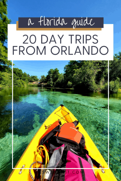 front of kayak at Weeki Wachee springs. Text overlay says "a Florida guide 20 day trips from Orlando"