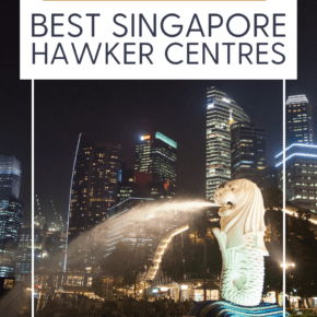 Merlion statue spitting water.  Text overlay says "a foodie guide best Singapore hawker centres."