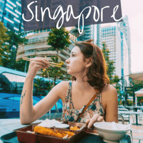 Woman with a tray of food in front of her. Looking out to the left of photo.  Text overlay says "affordable food in Singapore as we saw it dot com."