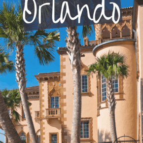 Spanish architecture. Palm trees in front. Text overlay says "best day trips from Orlando"