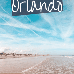 Waves lap the sand on a Florida beach. Text overlay says "best day trips from Orlando"