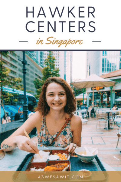 Smiling woman at a table in Lau Pa Sat. Text overlay says "Hawker Centres in Singapore as we saw it dot com."