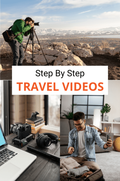 Top: Man photographing mountains. Bottom left: Laptop with camera gear. Right: man pointing at a suitcase while travel vlogging with a phone.Text overlay says "step by step travel videos"