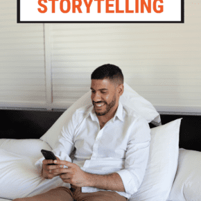 Man holding a phone while sitting on a bed. Text overlay says "travel video storytelling"