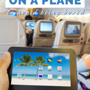Tablet in foreground. Background of an airplane cabin. Text overlay says "11 things you can do on a plane to avoid being bored"