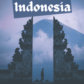 Person posing at Balinese temple gate with volcano in background. Text overlay says "17 good reasons to vacation in indonesia"