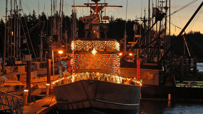 Greek Christmas boat lit up in Crete