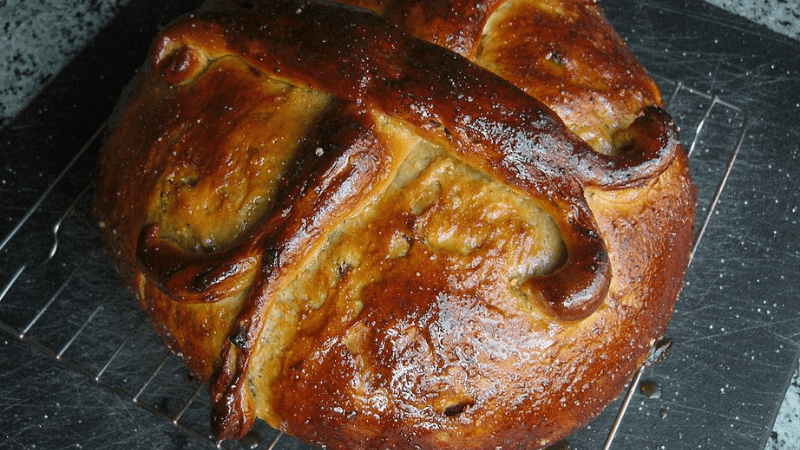 Christopsomo, a greek Christmas bread. The cross on top was formed by laying strips of dough on the loaf before baking.
