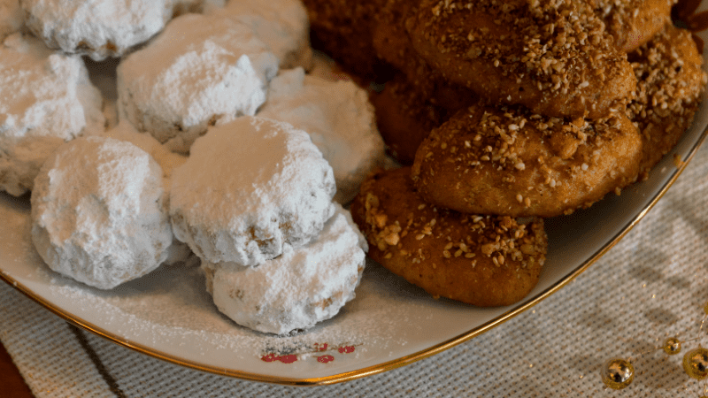 Greek Christmas cookies, Melomakarona and Kourampiedes