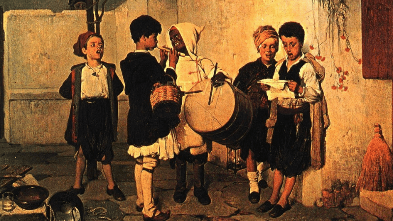 Children singing Cretan Christmas carols. Painting by Greek painter Nikiforos Lytras .