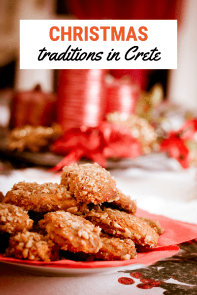 Melomakarona Greek Christmas cookies. Text overlay says "Christmas Traditions in Crete."