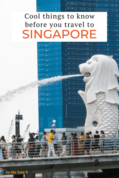 People standing around the Merlion in Merlion Park. Text overlay says "cool things to know before you travel to singapore"  