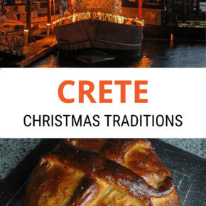 Top: Boat in Crete decorated for Christmas. Bottom: Greek Christmas bread. Text overlay says Crete Christmas traditions