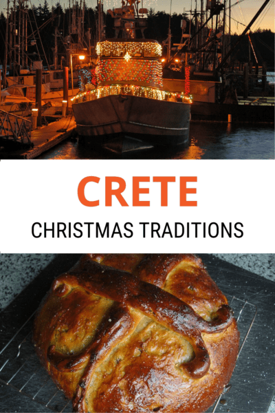 Top: Boat in Crete decorated for Christmas. Bottom: Greek Christmas bread. Text overlay says Crete Christmas traditions