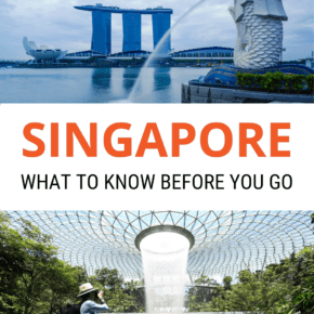 Top: Merlion Fountain with Marina Bay Sands in background. Bottom: Person photographing the waterfall at Changi Airport. Text overlay says "singapore what to know before you go" 