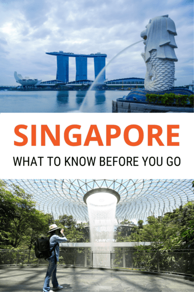 Top: Merlion Fountain with Marina Bay Sands in background. Bottom: Person photographing the waterfall at Changi Airport. Text overlay says 