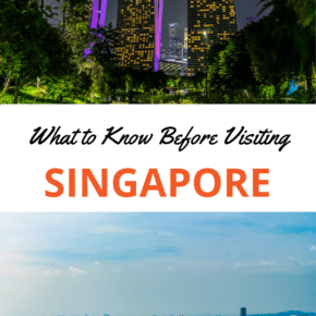 top: Marina Bay Sands at night. Bottom: Singapore skyline as seen from pool atop Marina Bay Sands. Text overlay says "what to know before visiting singapore" 