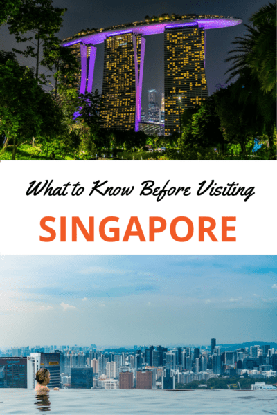top: Marina Bay Sands at night. Bottom: Singapore skyline as seen from pool atop Marina Bay Sands. Text overlay says "what to know before visiting singapore" 